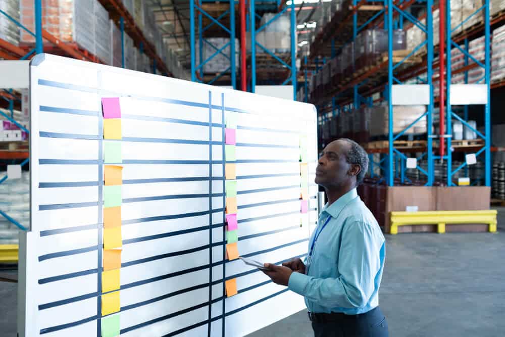 Warehouse supervisor reviewing colorful sticky notes on a mobile whiteboard.