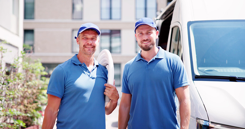 Two HVAC Technicians Smiling Outside in Front of Van