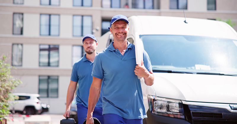 HVAC employees walking and smiling next to van