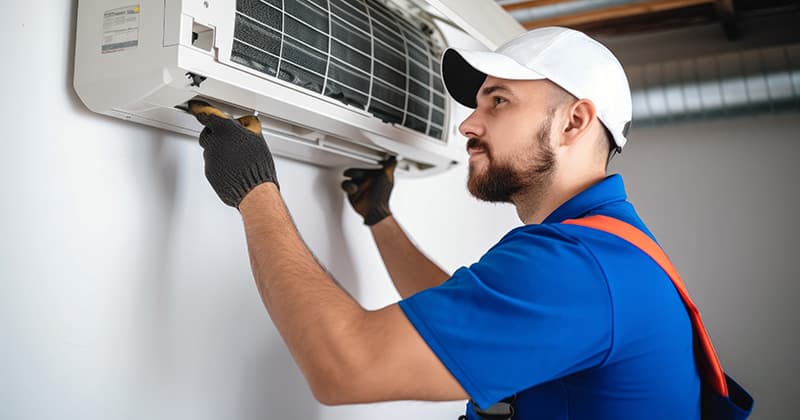 Male HVAC professional working on AC unit