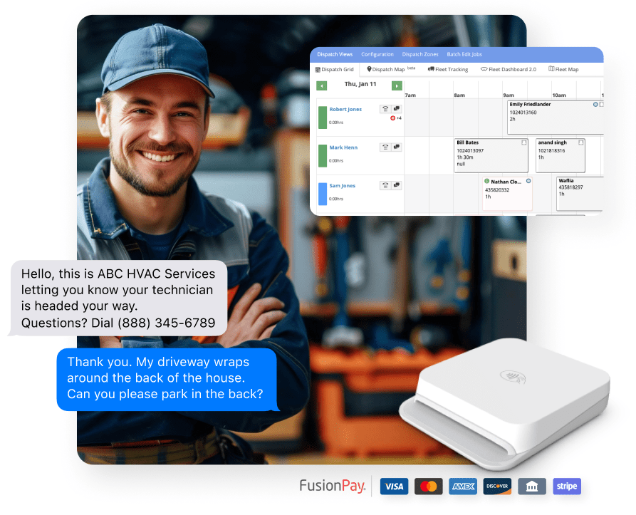 service fusion for hvac software screens and payment card reader