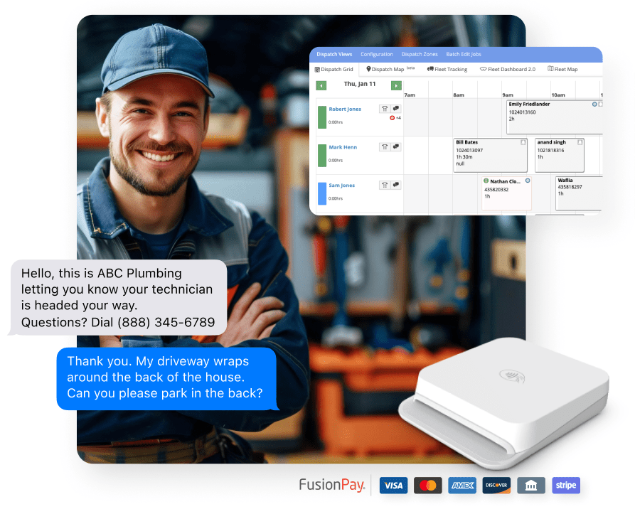 service fusion for plumbers software screens and payment card reader