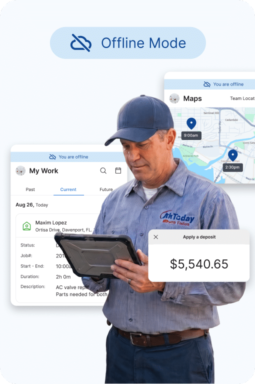 A field technician uses the Service Fusion app to work offline.