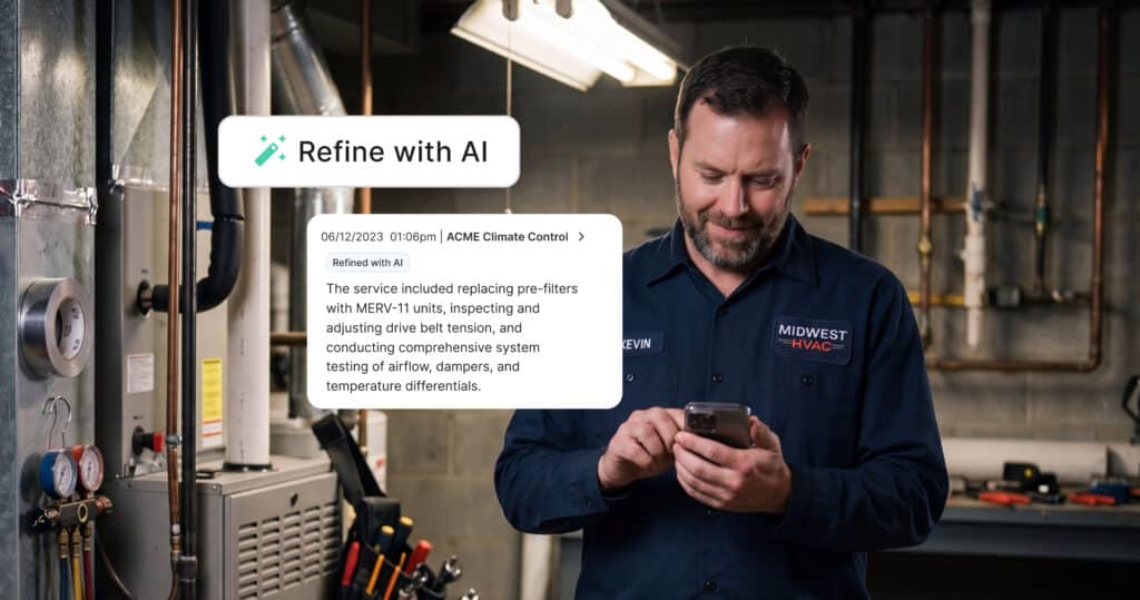A field service tech works in a basement using Service Fusion's Notes+ feature.