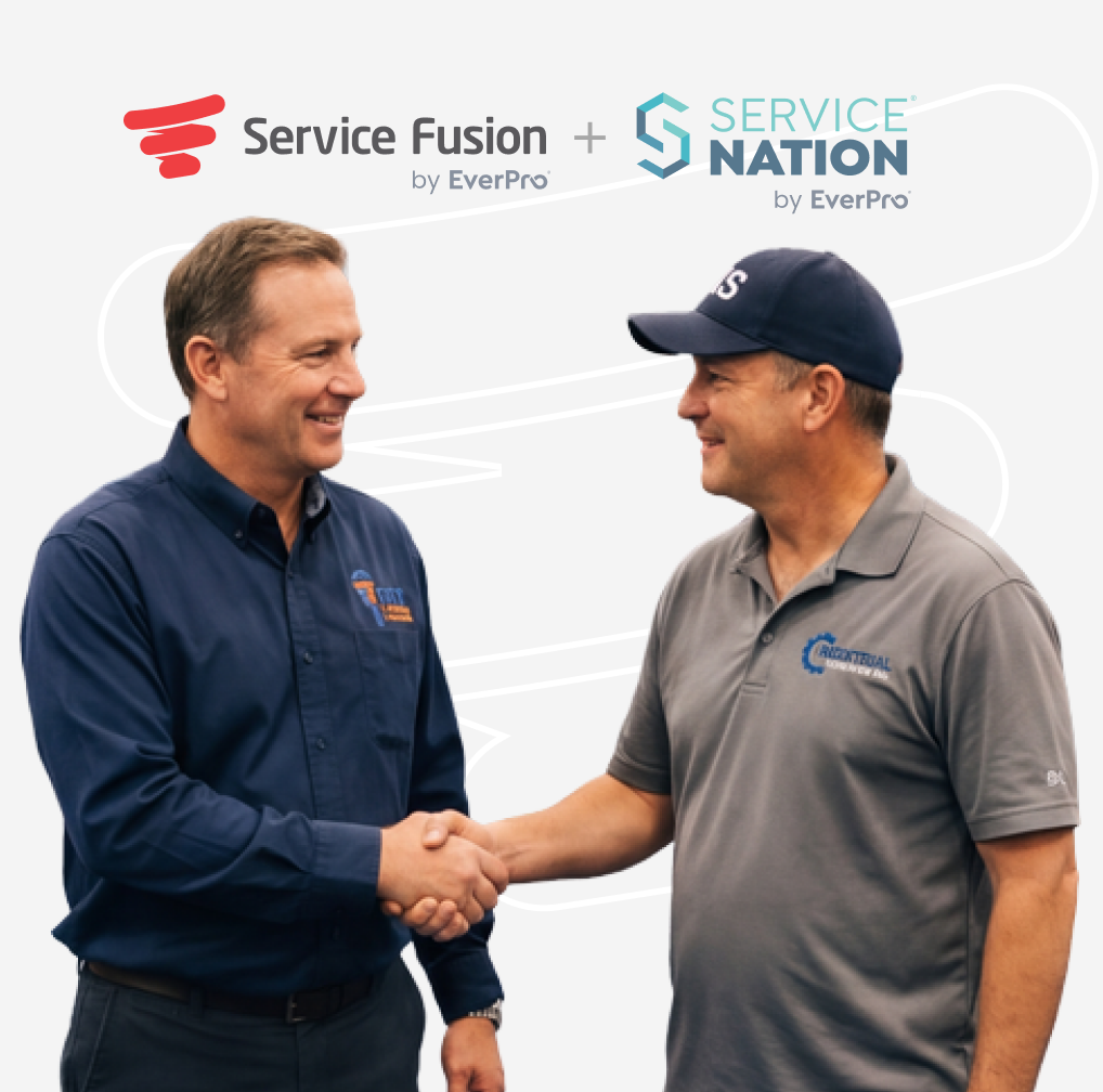 Two service pros shaking hands with Service Fusion and Service Nation logos