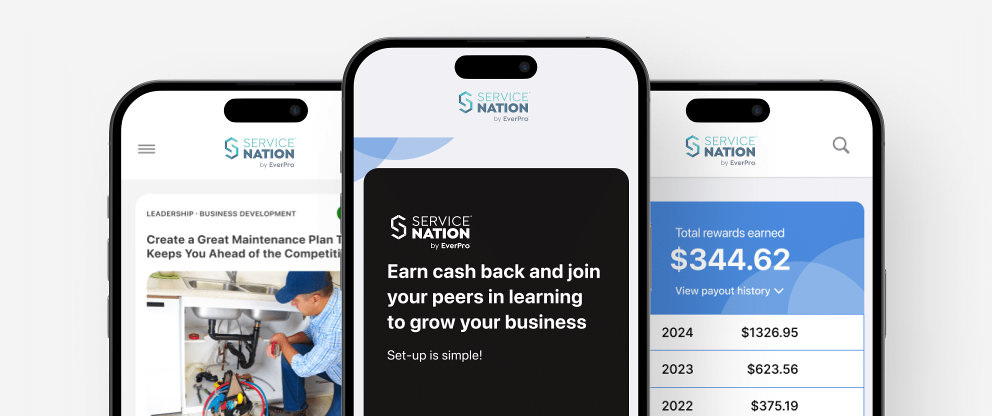 Service Nation mobile app shown on three smartphones