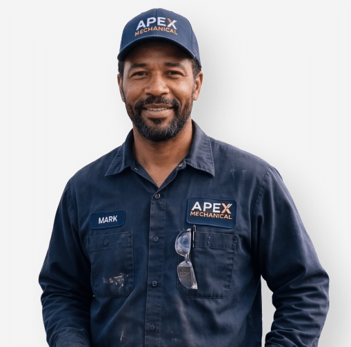 Contractor technician in branded APEX cap and work shirt
