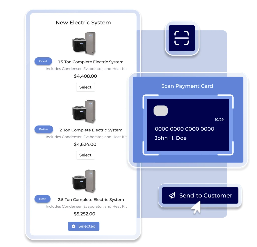 FieldPulse field service software displaying a mobile workflow interface with HVAC system package options and a card scanning feature for mobile payments.