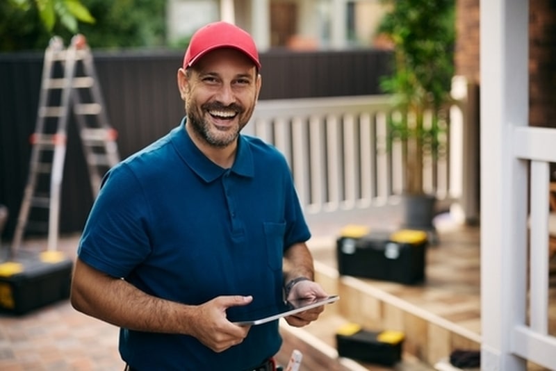 A smiling house repairman in a blue polo shirt and red cap holds a digital tablet outdoors.