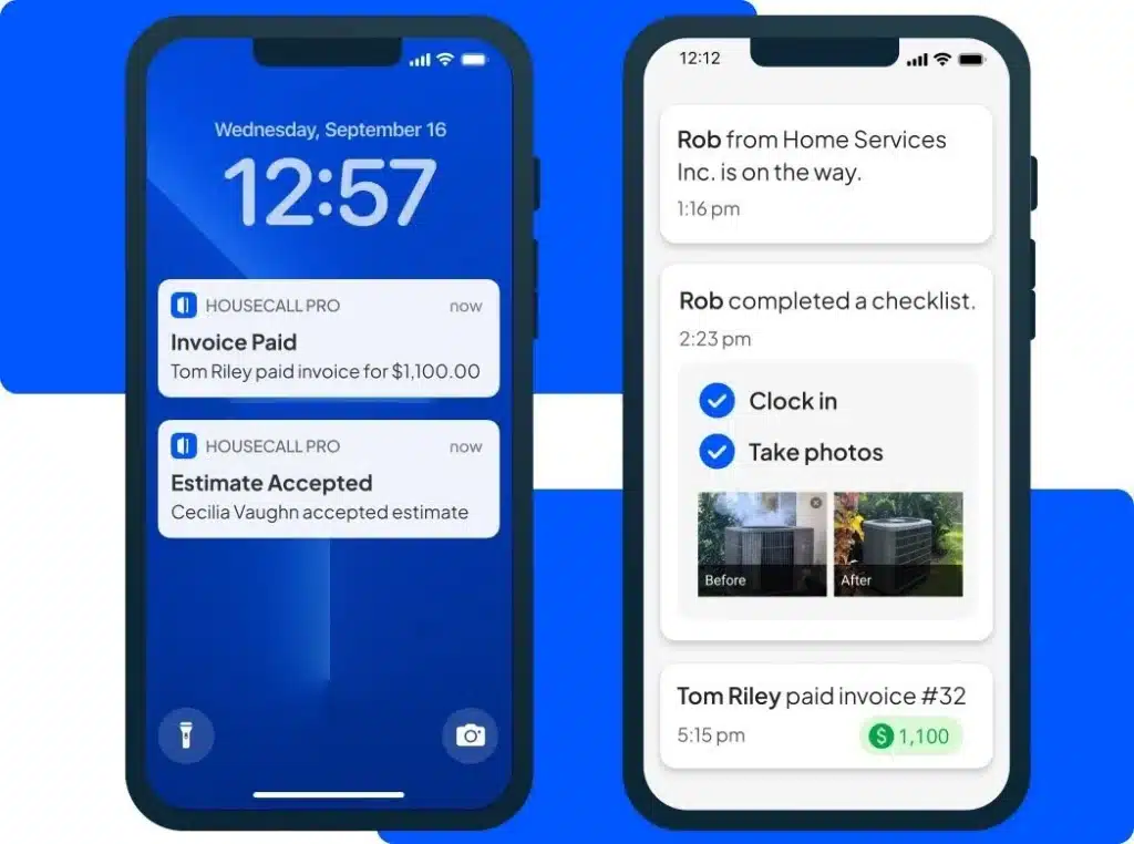 Two mobile phone screens displaying notifications and workflows from the Housecall Pro field service app.