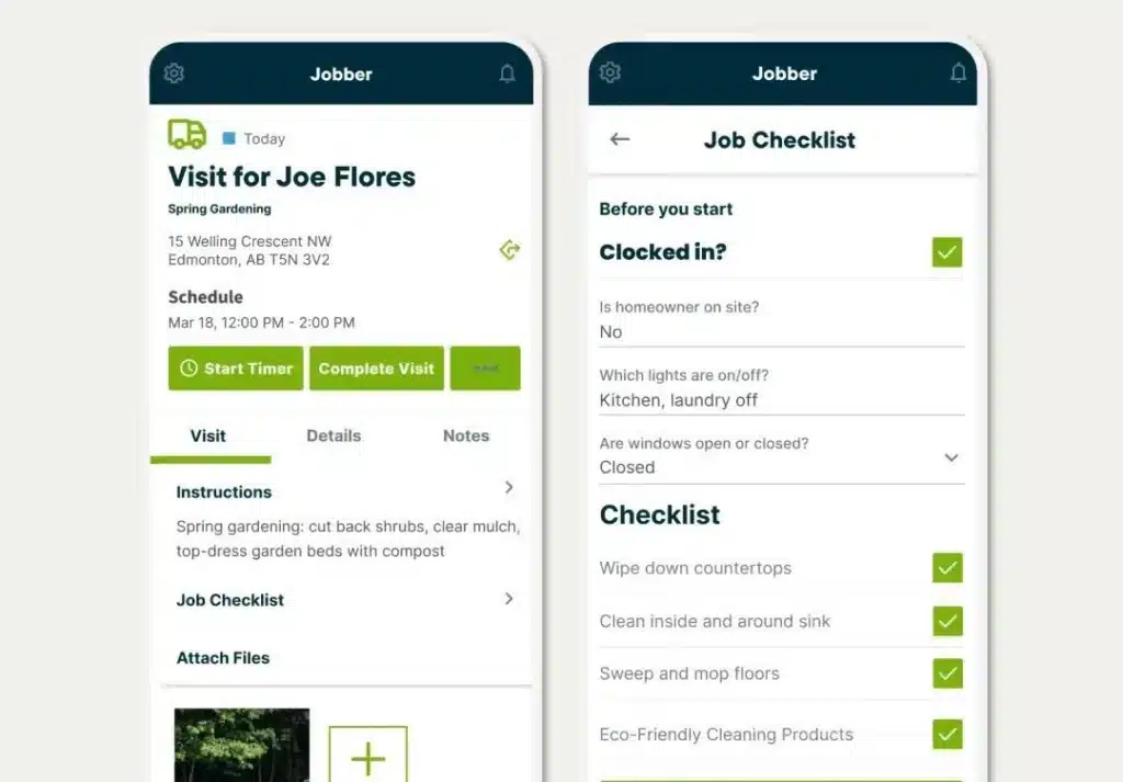 Two screenshots of the Jobber mobile app interface. 