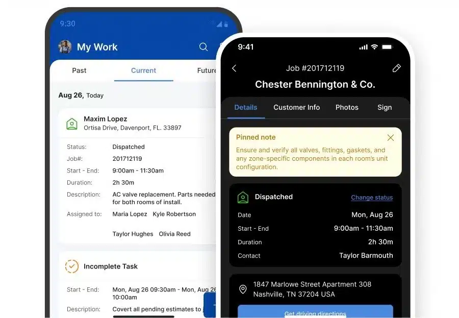 Mobile user interface for the Service Fusion field service management mobile application.