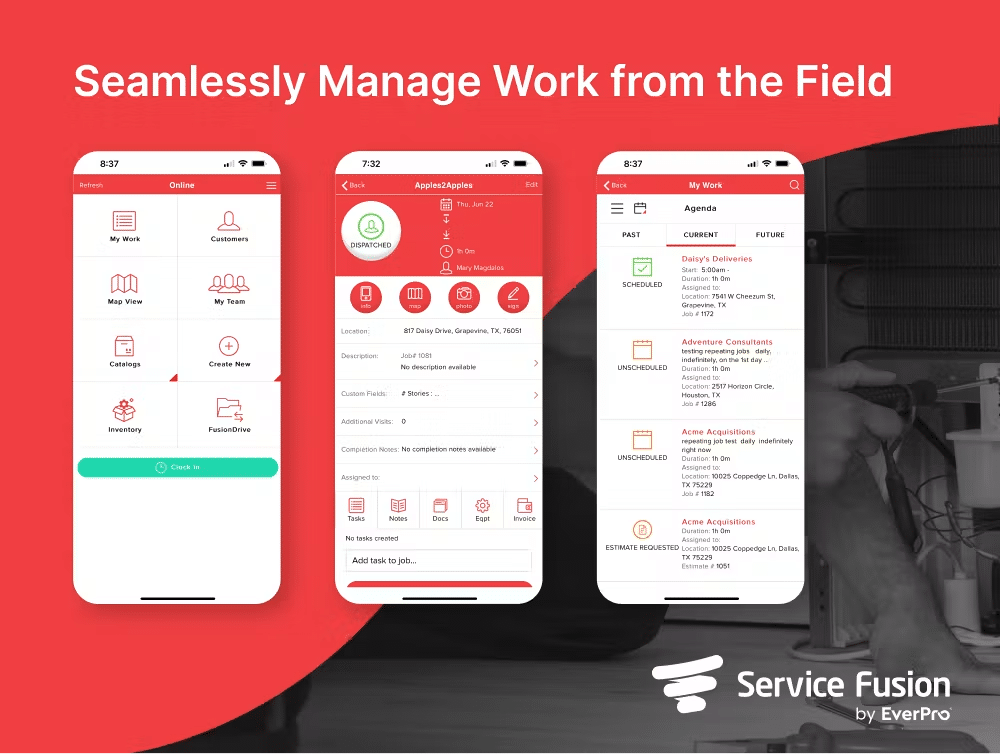 Service Fusion mobile app screenshots demonstrating field task management, job scheduling, and inventory tracking features under a red banner reading "Seamlessly Manage Work from the Field."