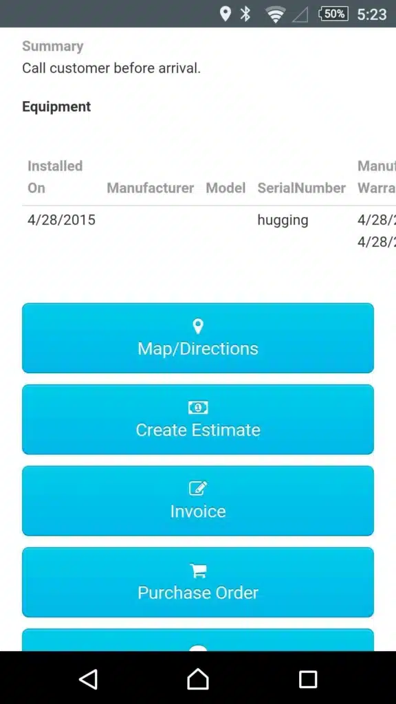 A screenshot of a mobile field service application displaying equipment details.
